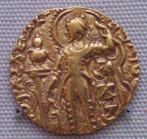 Samudragupta, the great Gupta ruler, with the 'veena' in front of the 'garuda' standard  -the royal emblem was the bird 'garuda'